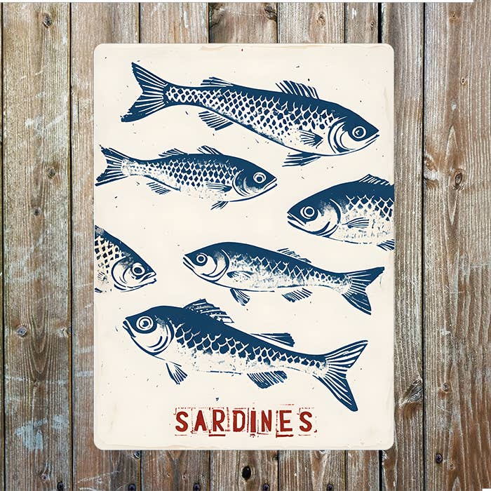 Vintage Stamp Illustration of Sardines | Metal Sign Plaque