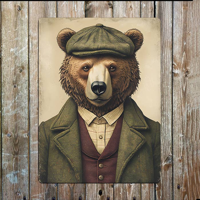 Illustration Bear in Sophisticated Clothe | Metal Sign Plaque