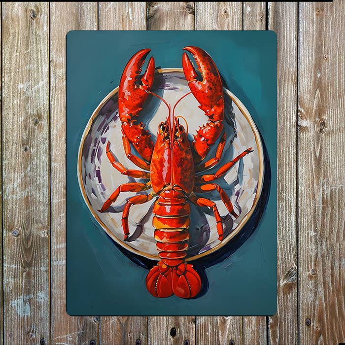 Painting Of A Bright Red Lobster On Plate Metal Sign Plaque