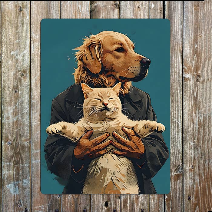 Golden Retriever Dog Holding Cream Cat | Metal Sign Plaque