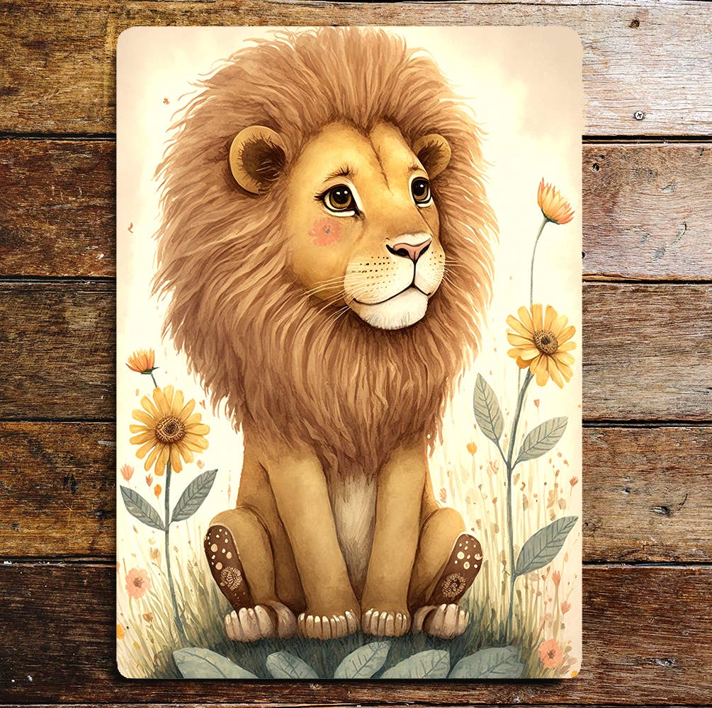 Cute Sitting Lion Flowers Big Mane | Metal Sign Plaque