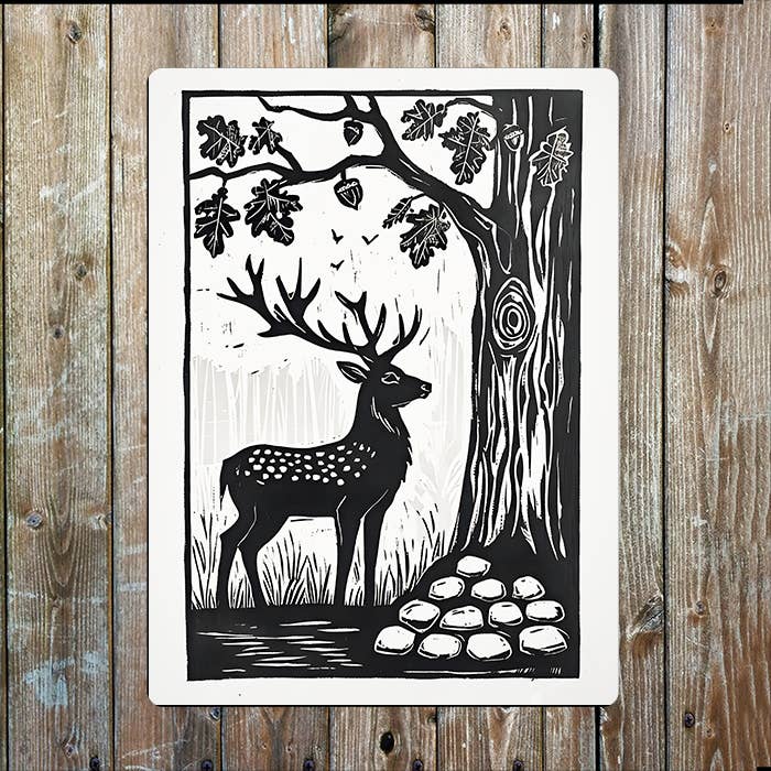 Woodland Stag Deer Linocut Style | Metal Sign Plaque