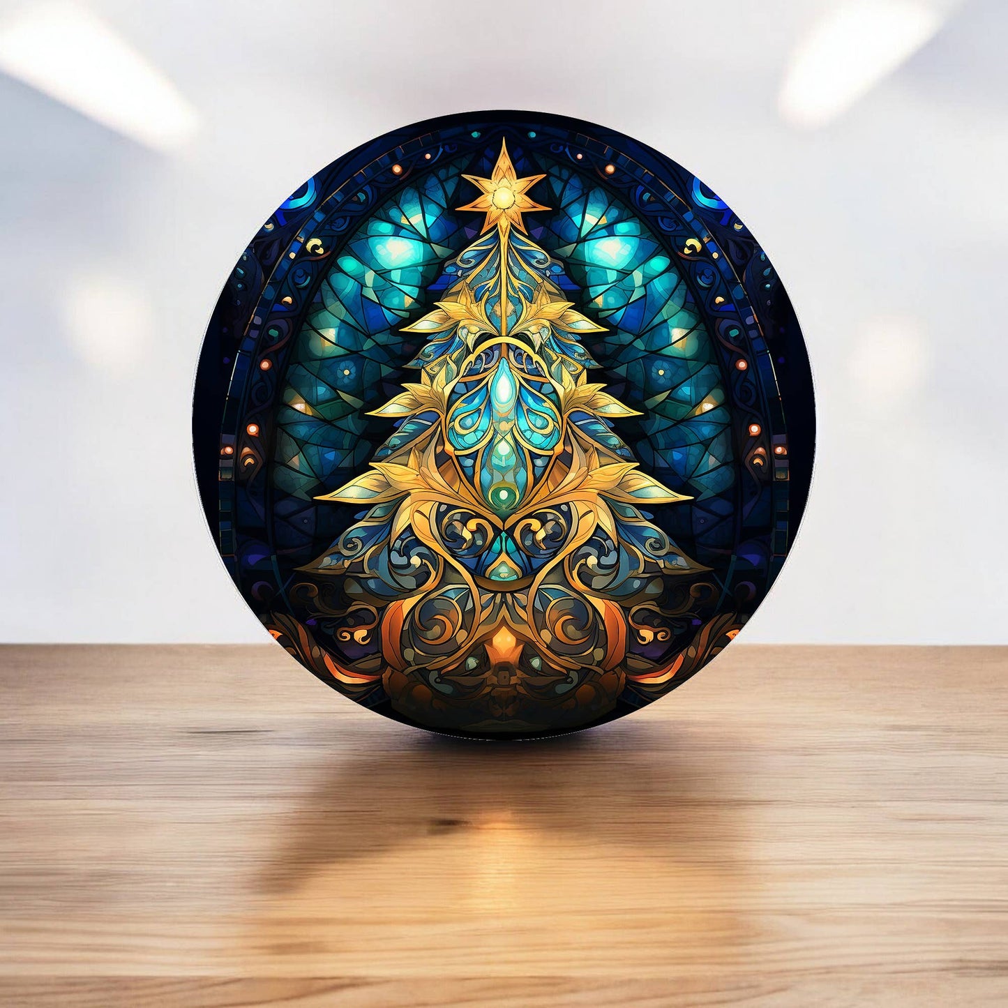 Christmas Tree Night Dark Light Navy Circle Metal Sign