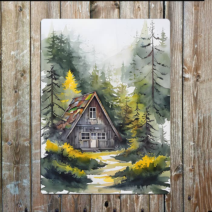 Cabin Surrounded By Forest Metal Sign Plaque