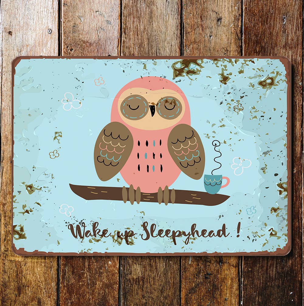 owl sleepy wake up head | Metal Wall Sign Plaque