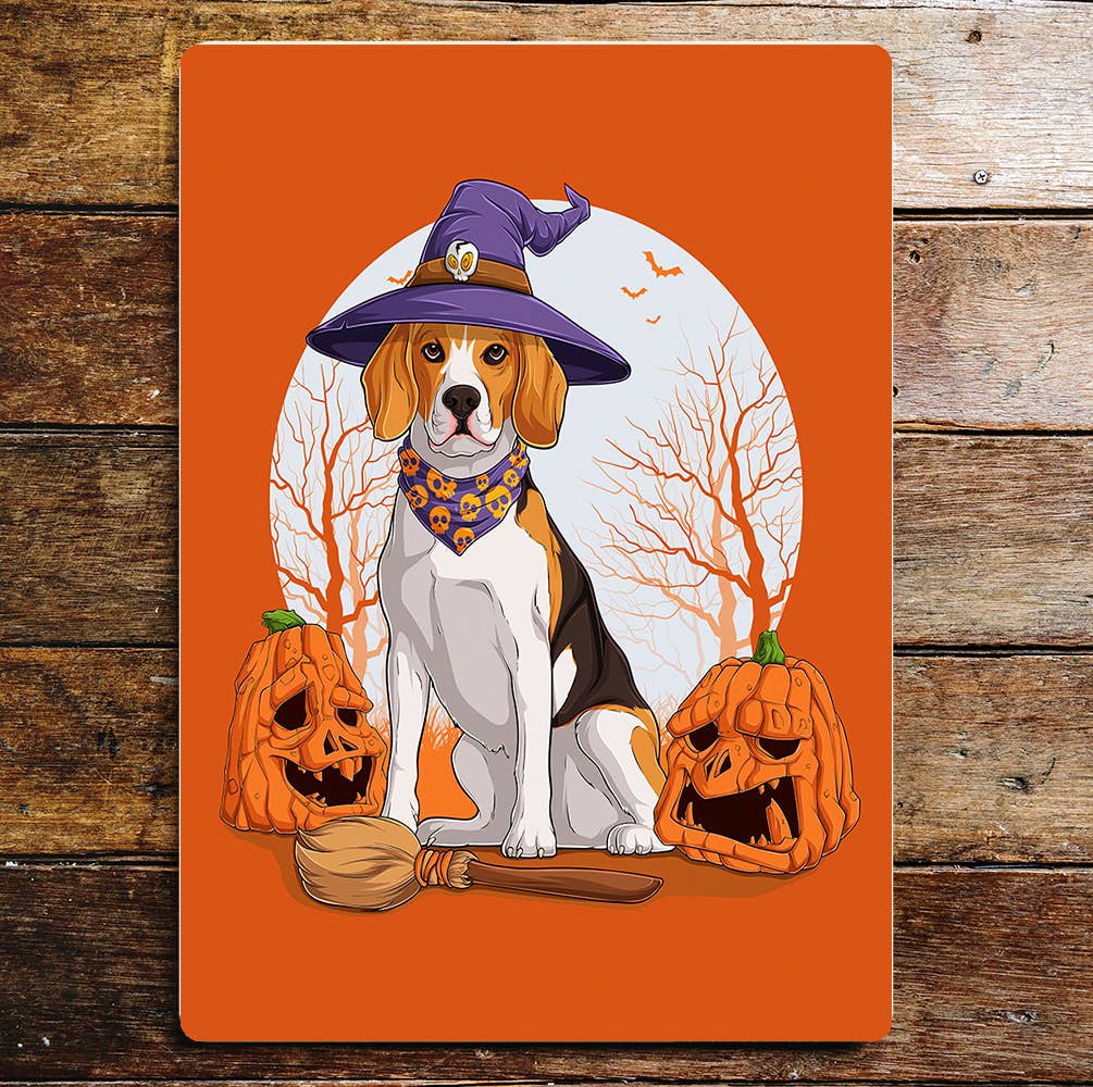Beagle Dog Halloween Witch Hat Pumpkin | Metal Sign Plaque
