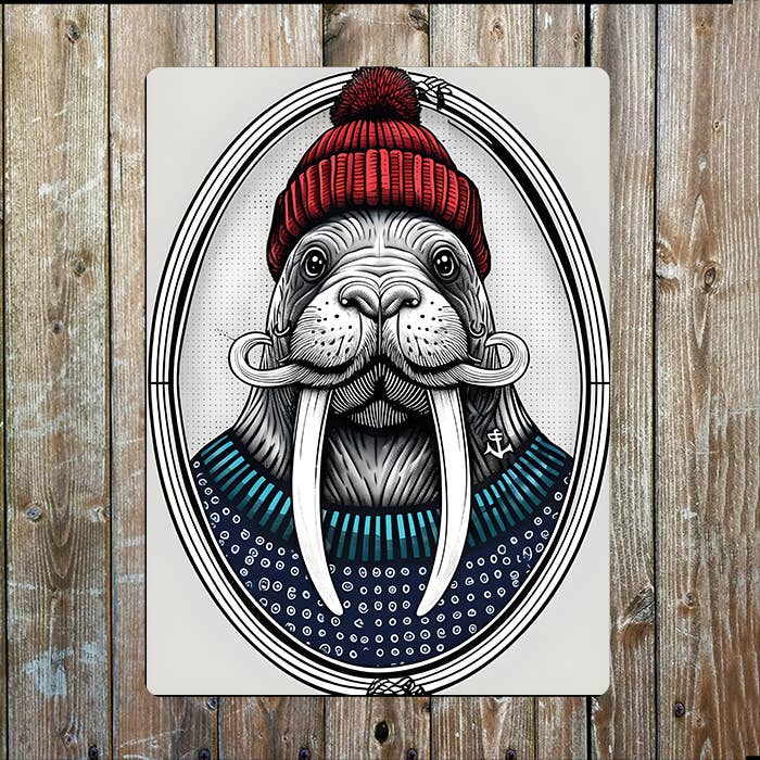 Line Drawing Sailor Walrus Sea Nautical | Metal Sign Plaque