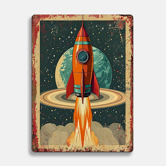 Vintage Space Ship Rocket UFO Alien | Metal Sign Plaque