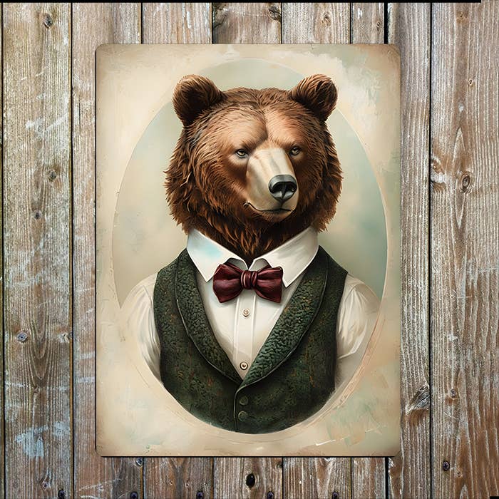 Vintage Illustration Bear In Suit | Metal Sign Plaque