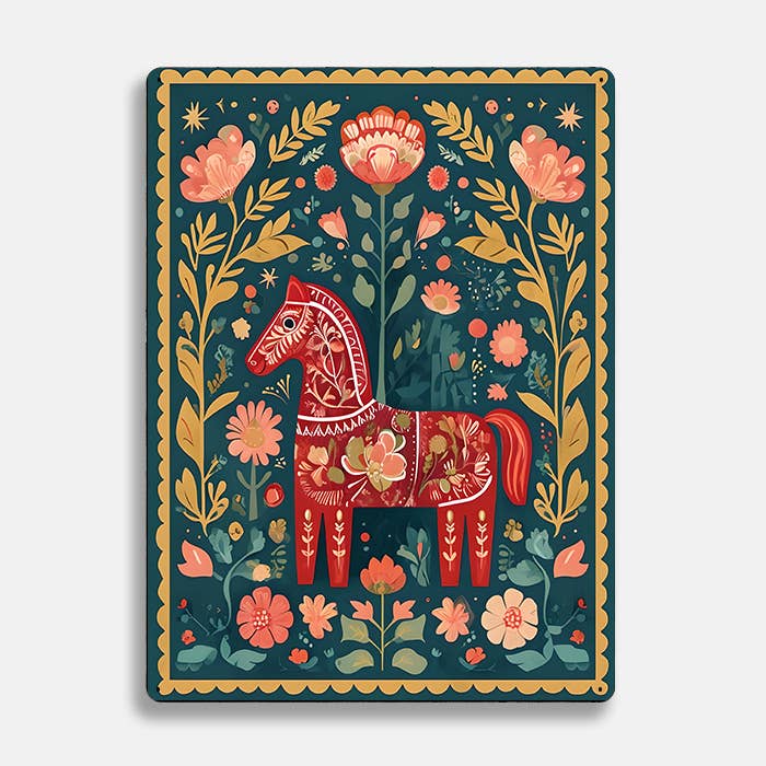 Dala red horse flower scandinavian folk | Metal Sign Plaque