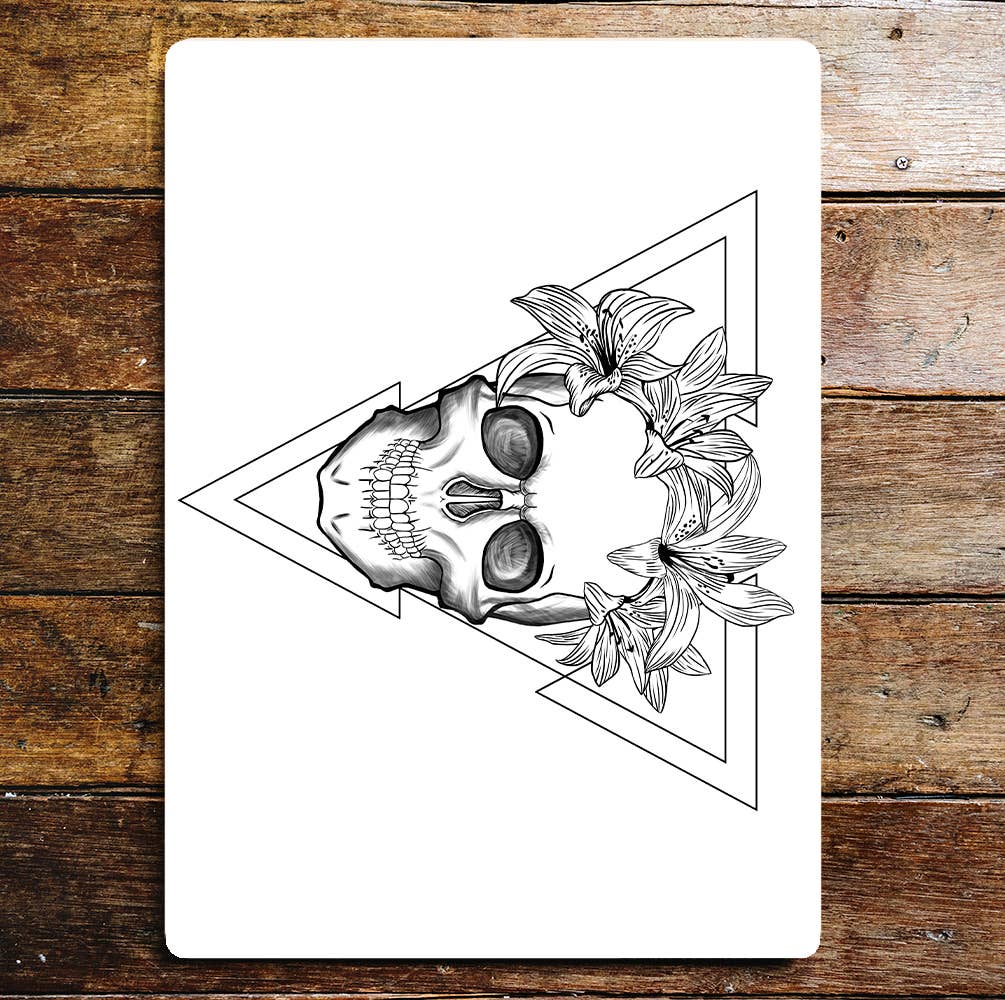 Skull Flowers Pencil Drawing Metal Wall Sign