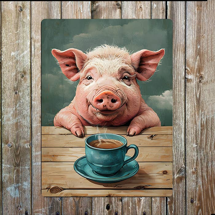pig Leaning Wooden Table Tea Coffee | Metal Sign Plaque