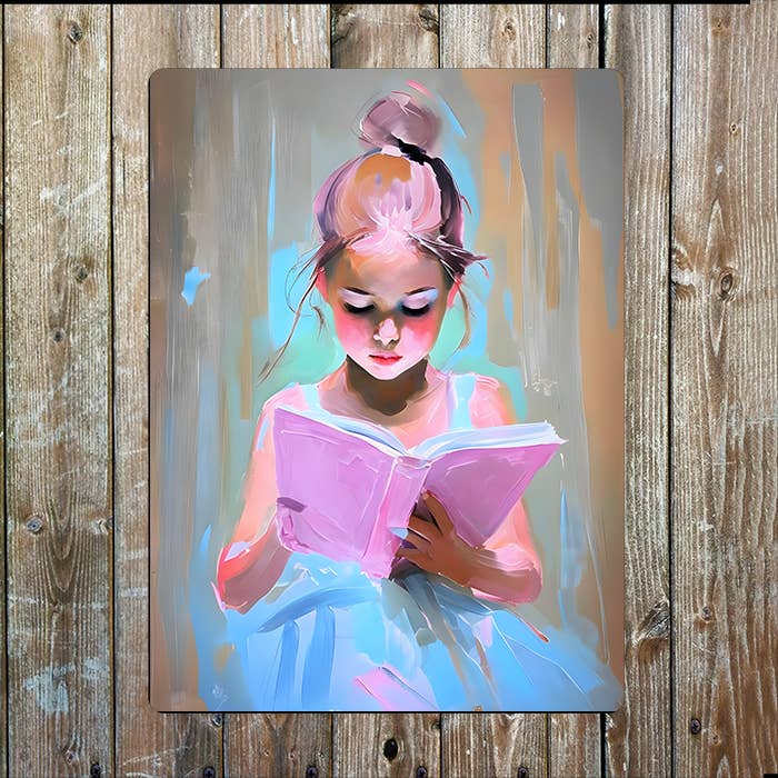 Watercolour Young Girl Reading Book | Metal Sign Plaque