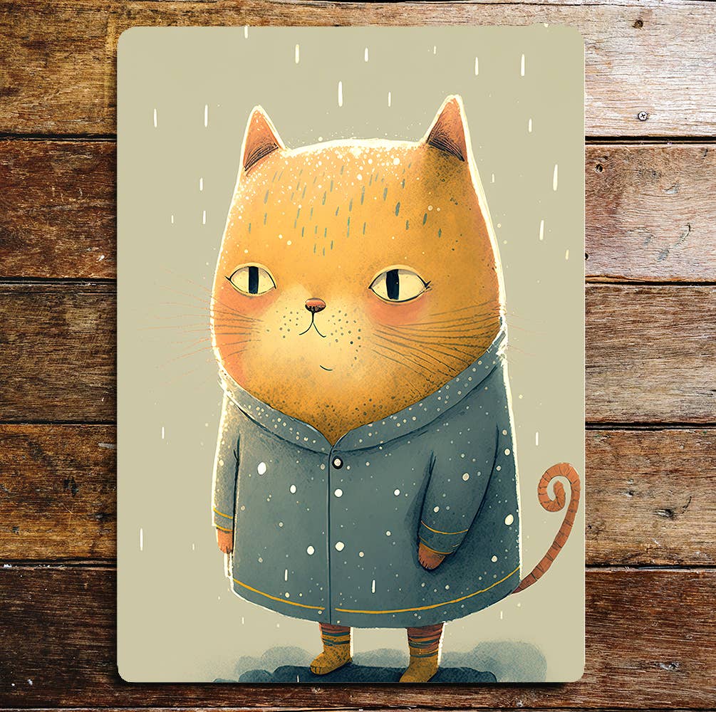Cute Orange Cat Blue Coat Raining | Metal Sign Plaque