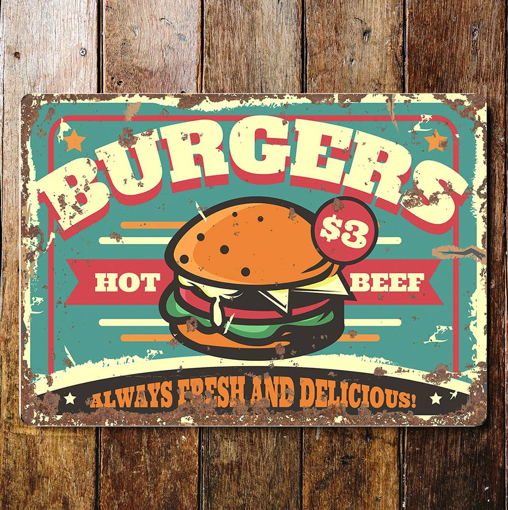 Burgers hot beef fresh and delicious cafe | Metal Sign plaque
