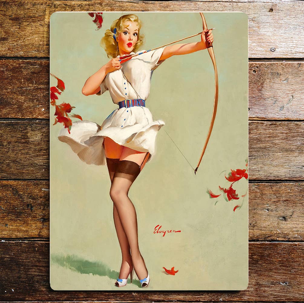 Pin Up Girl Autumn Leaves Bow And Arrow Metal Wall Sign