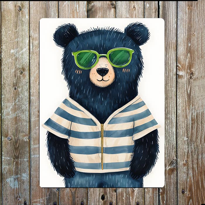 Whimsical Black Bear Wearing Sunglasses | Metal Sign Plaque