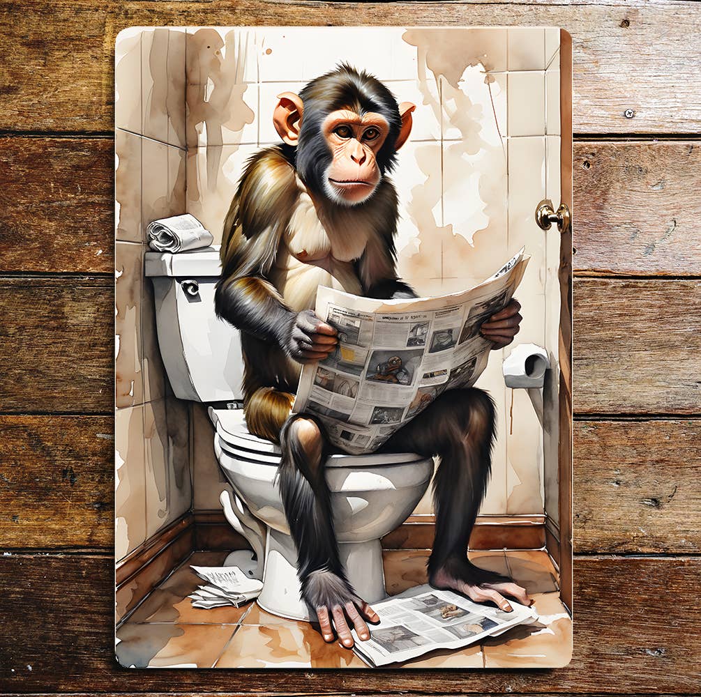 Monkey reading On the Toilet Bathroom | Metal Sign Plaque