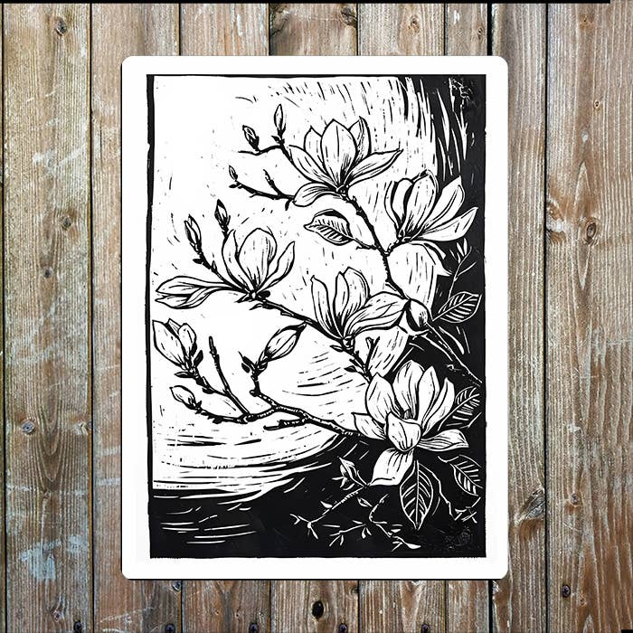 Magnolia Flowers In Bloom Linocut Style | Metal Sign Plaque