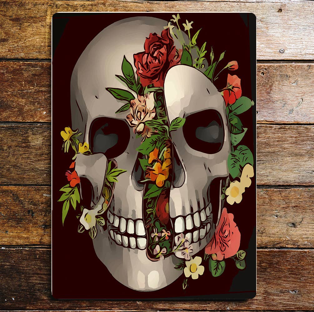 Skull Broken Face Flowers Metal Wall Sign