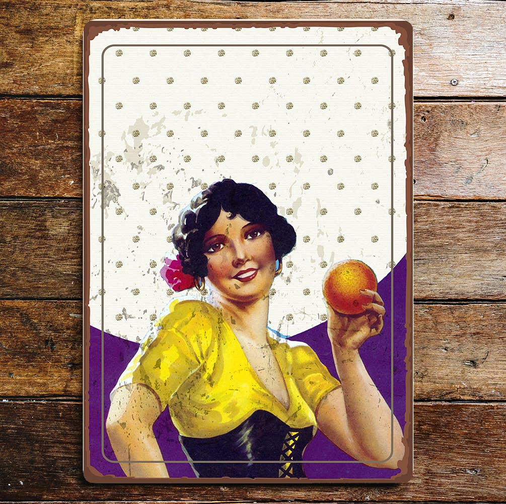 Spanish Lady Orange Fruit Flower Hair Metal Sign Plaque