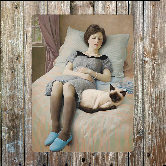 Woman Relaxing With A Cat On Bed | Metal Sign Plaque