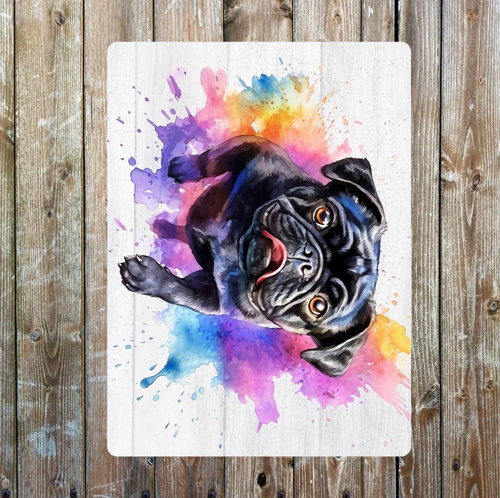 Leaping Black Pug Watercolour Splash | Metal Sign Plaque
