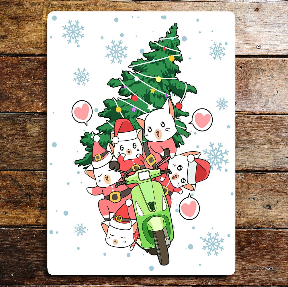 Kawaii Santa cats riding motorcycle Wall | Metal Sign Plaque