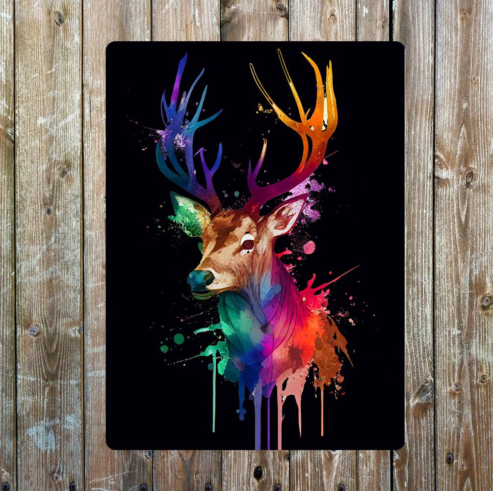 Colourful Deer Head Paint exploded | Metal Sign Plaque