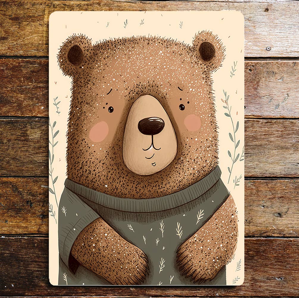 Cute Fluffy Bear Green Jumper | Metal Sign Plaque