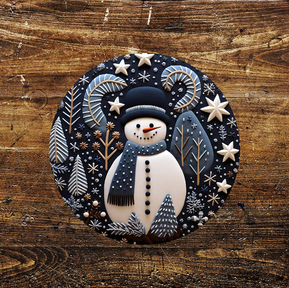 Snowman Night Blue Christmas Circle Metal Sign