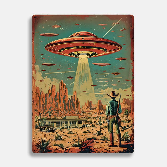 Desert Scene With Cowboy UFO Alien | Metal Sign Plaque