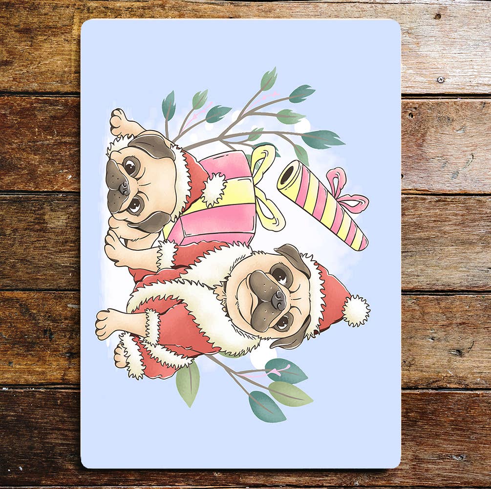 Pugs At Christmas Santa Outfit Present Metal Sign Plaque