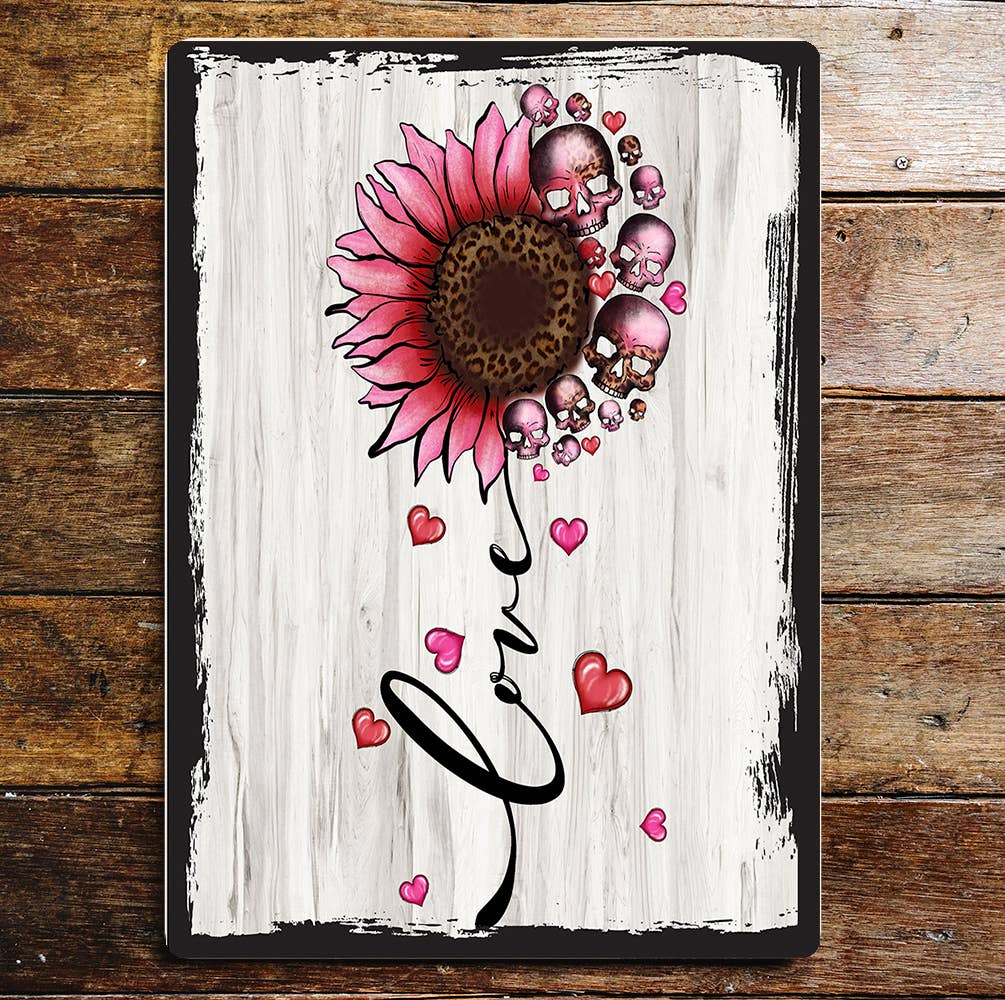 Love Pink Flowers Skulls Hearts Valentine | Metal Sign Plaque