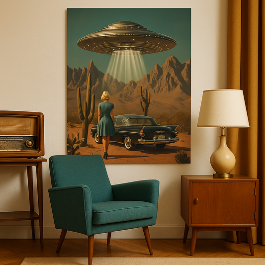 1950s Desert Scene With UFO Alien | Metal Sign Plaque