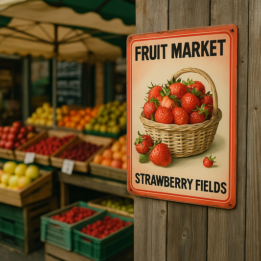 Vintage Fruit Market Strawberry Fields | Metal Sign Plaque