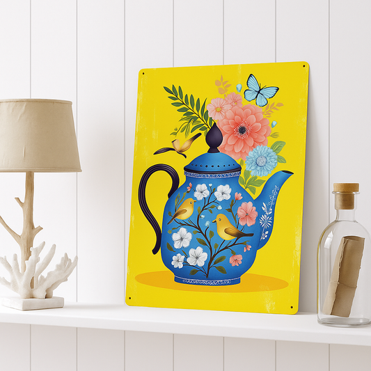 yellow teapot flowers scandinavian folk | Metal Sign Plaque