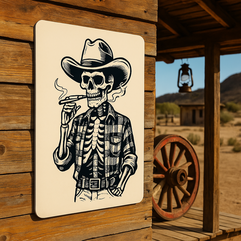 Skeleton with Cigarette Cowboy | Western | Metal Sign Plaque