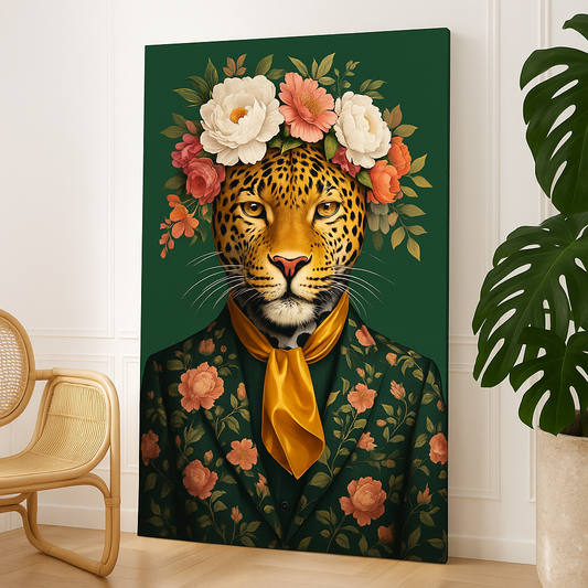 Regal Leopard With Floral Head Metal Sign Plaque