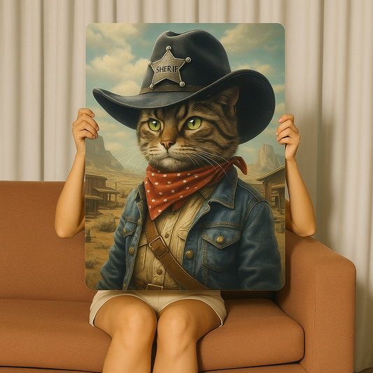 Tabby Cat Sheriff Clothes Cowboy Western Metal Sign Plaque