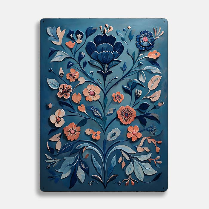Blue Floral Flowers scandinavian folk | Metal Sign Plaque
