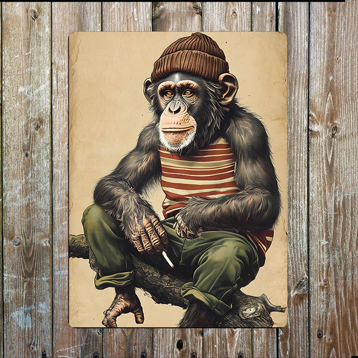 Chimpanzee Vintage Clothing on Tree Branch | Metal Sign Plaque