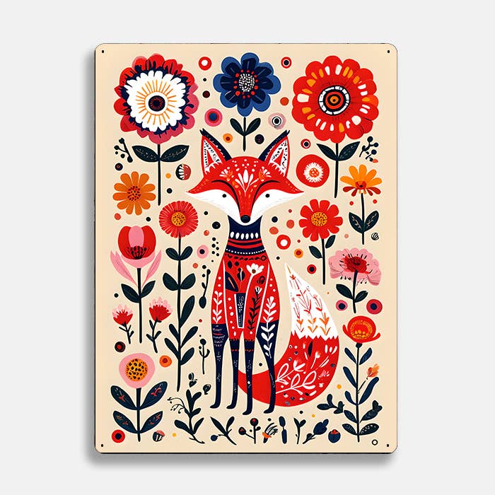 Fox Illustration Flowers scandinavian folk | Metal Sign Plaque