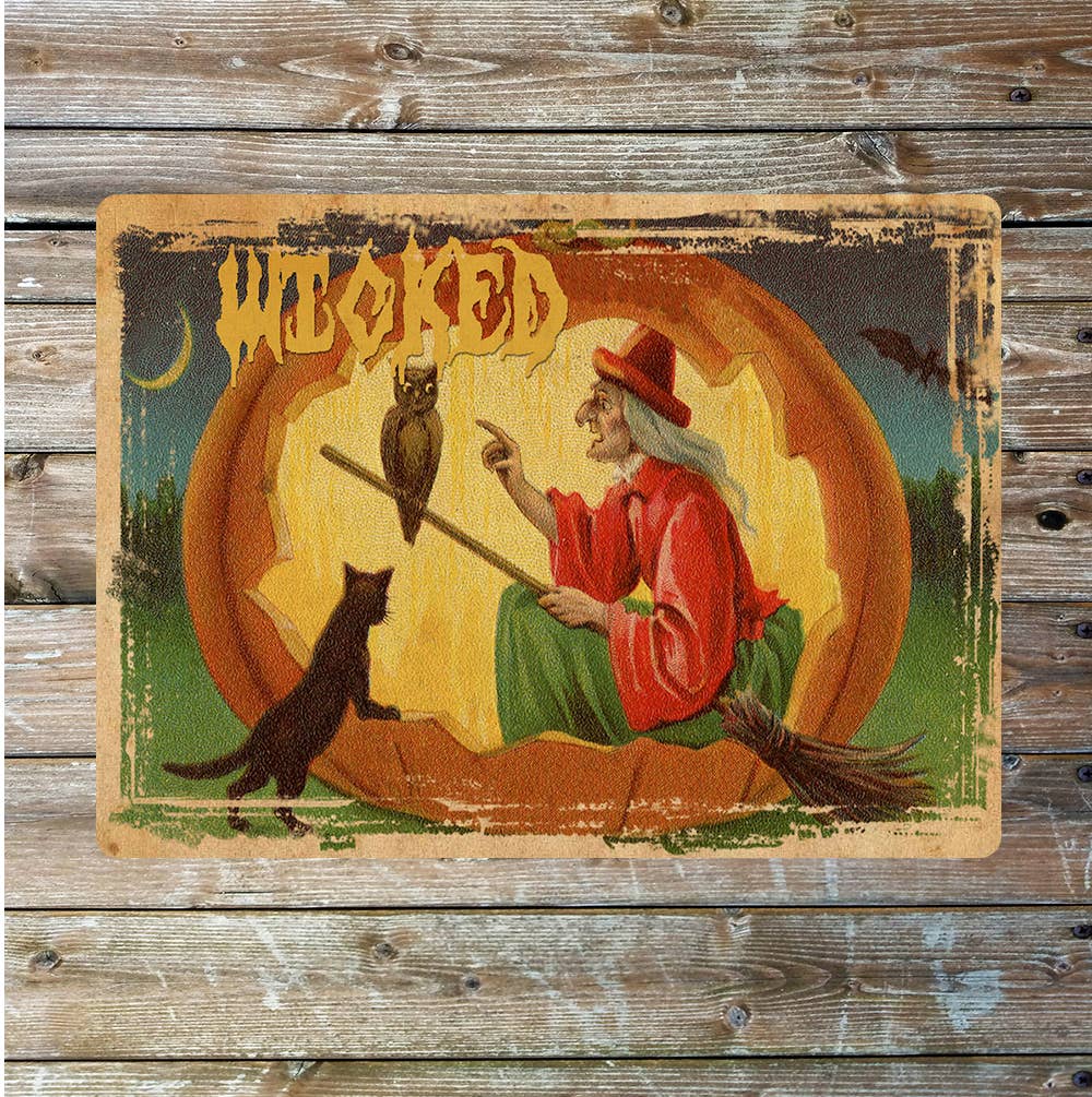 Halloween Wicked Witch Pumpkin Cat Broom | Metal Sign Plaque