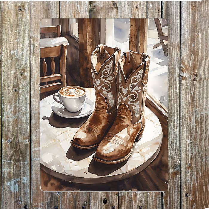 Watercolor Boots Coffee Cowboy Western Art | Metal Sign Plaque