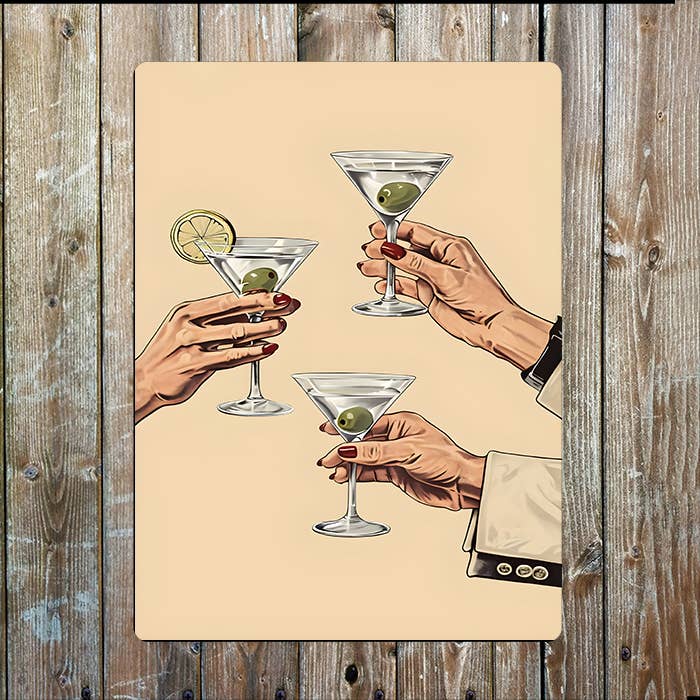 Hands Clinking Martini | Cheers Bar | Metal Sign Plaque
