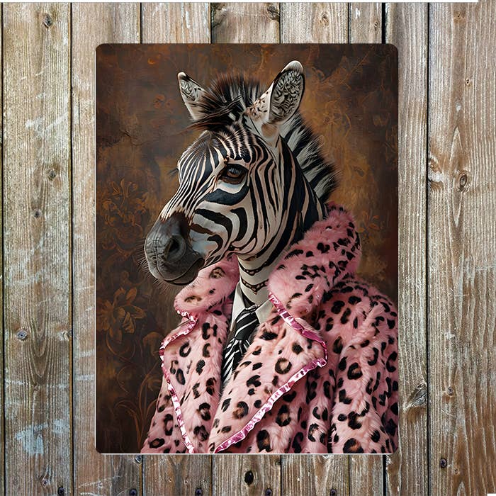 Zebra In Pink Fur Coat| Metal Sign Plaque