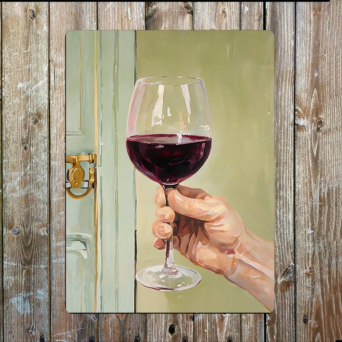 Painting of Hand Holding Red Wine Glass Metal Sign Plaque