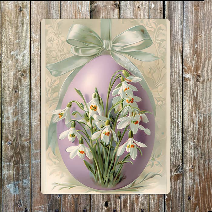 Vintage Easter Lavender Egg And Snowdrops | Metal Sign Plaque