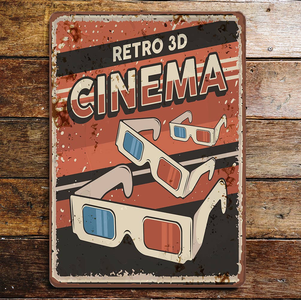retro 3D Cinema Metal Wall Sign Plaque